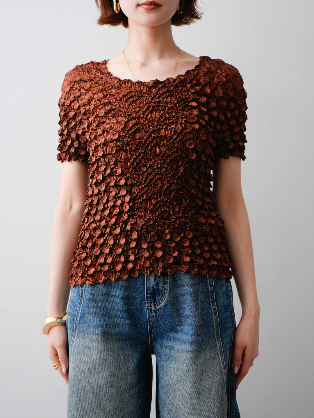 [予約]ドットスモッキングフレンチトップス/brown