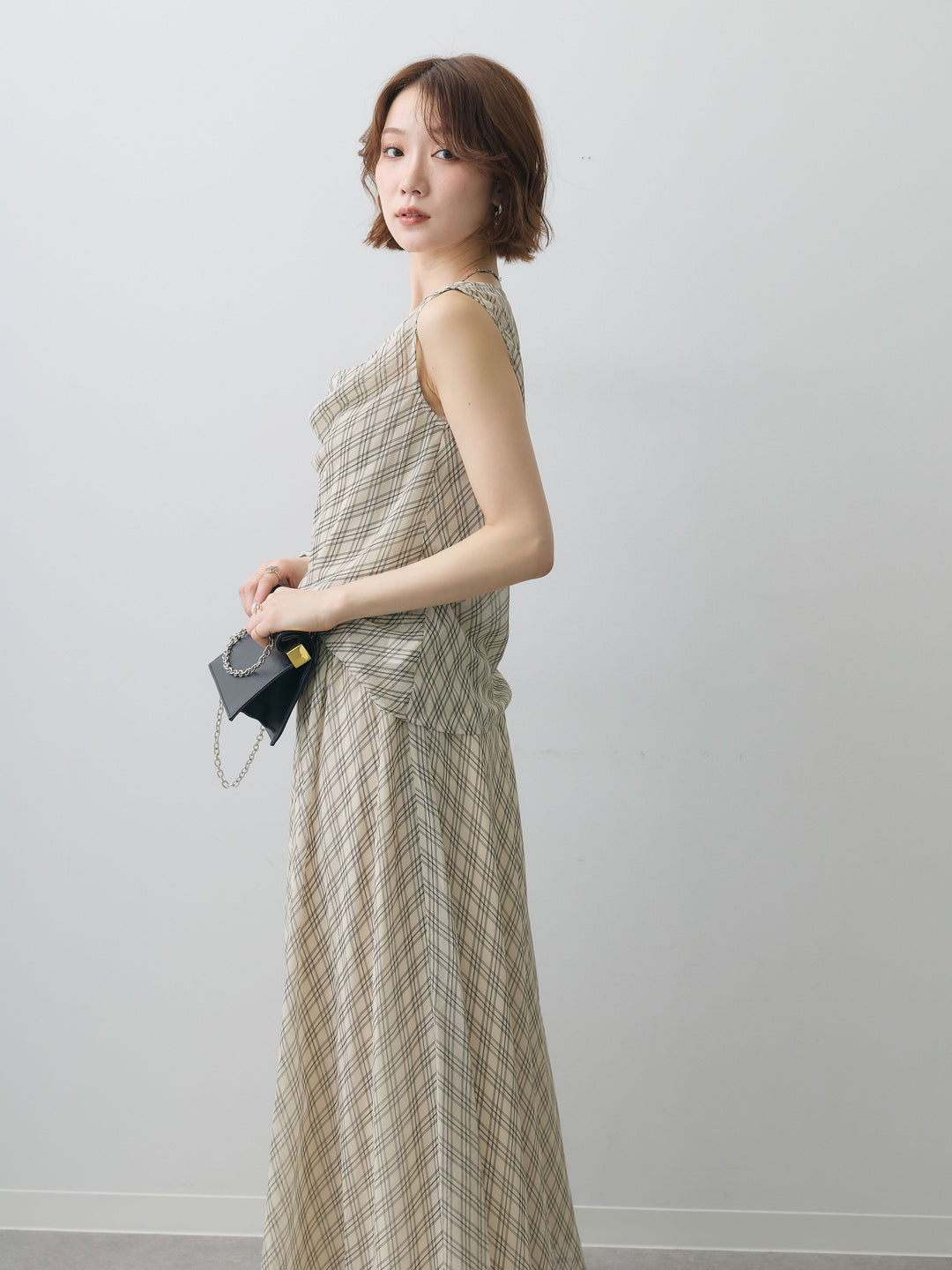 [SET]ラインチェックシアータンクトップ＆フレアスカートSET UP(2SET)+選べるアクセセット(2set)