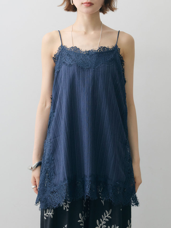 [予約]ワッシャーテクスチャーレーストリムキャミソール/navy