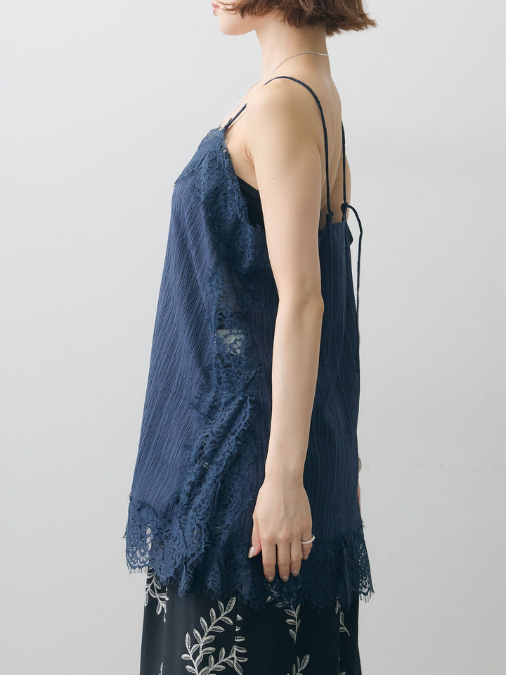 [予約]ワッシャーテクスチャーレーストリムキャミソール/navy