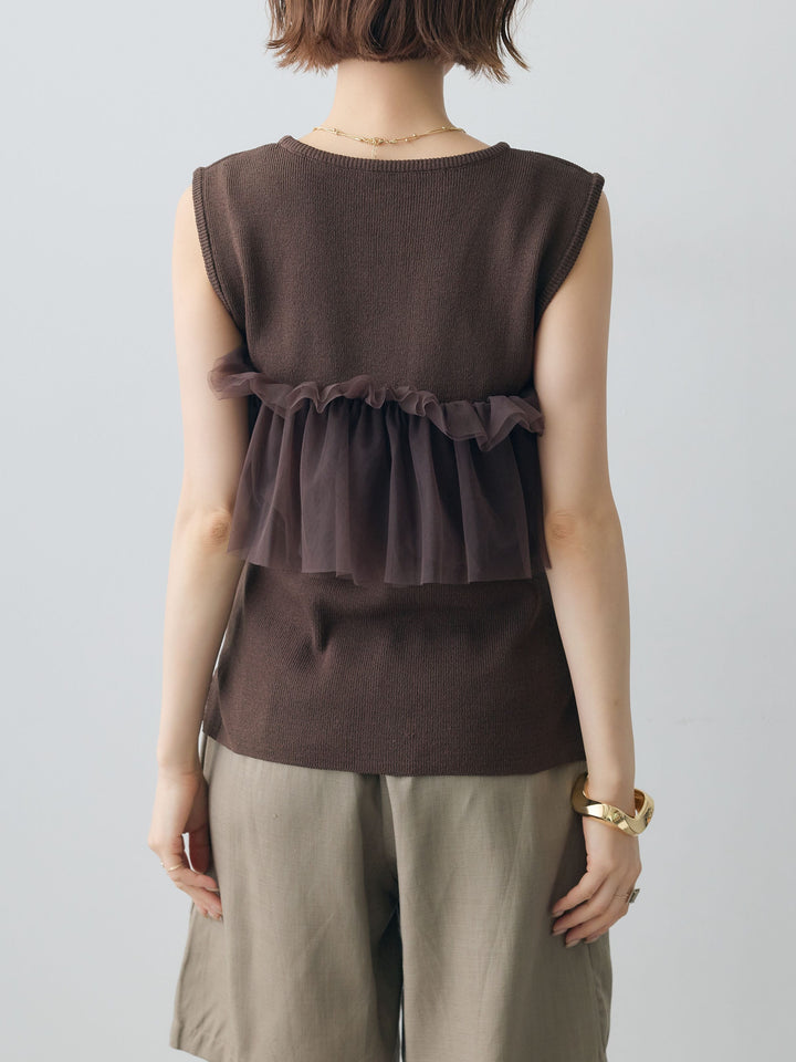 [予約]チュールフリルニットノースリトップス/brown
