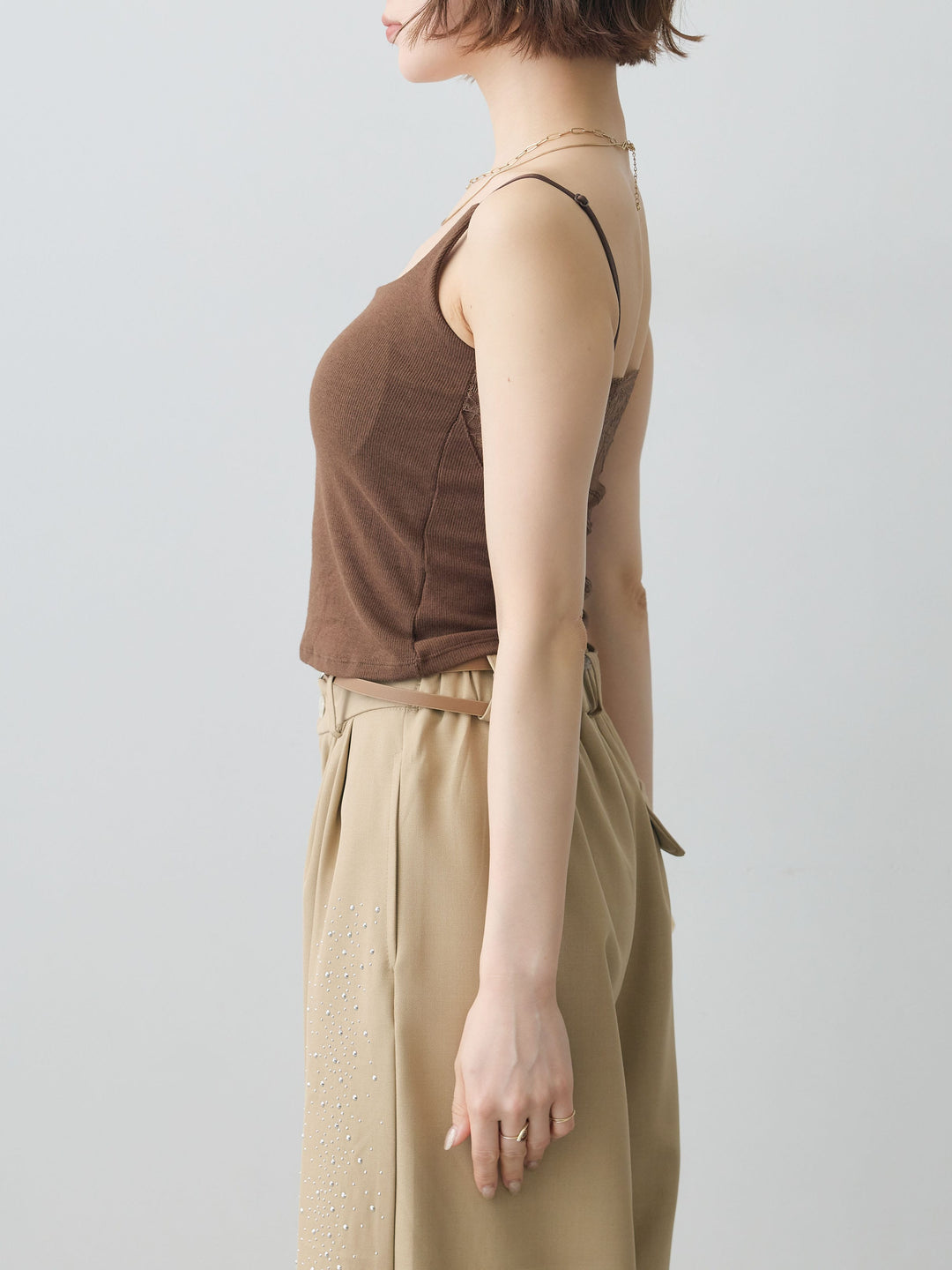 [予約]カップ付バックレースキャミソール/brown