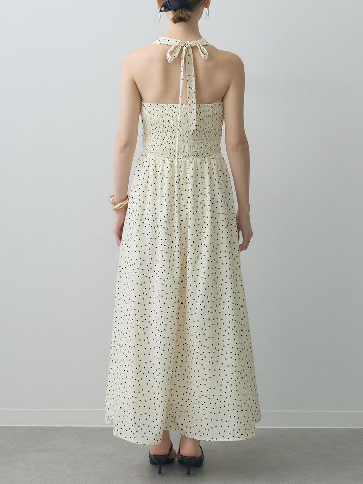 [予約]ホルターネックドット柄シャーリングデザインワンピース/ivory