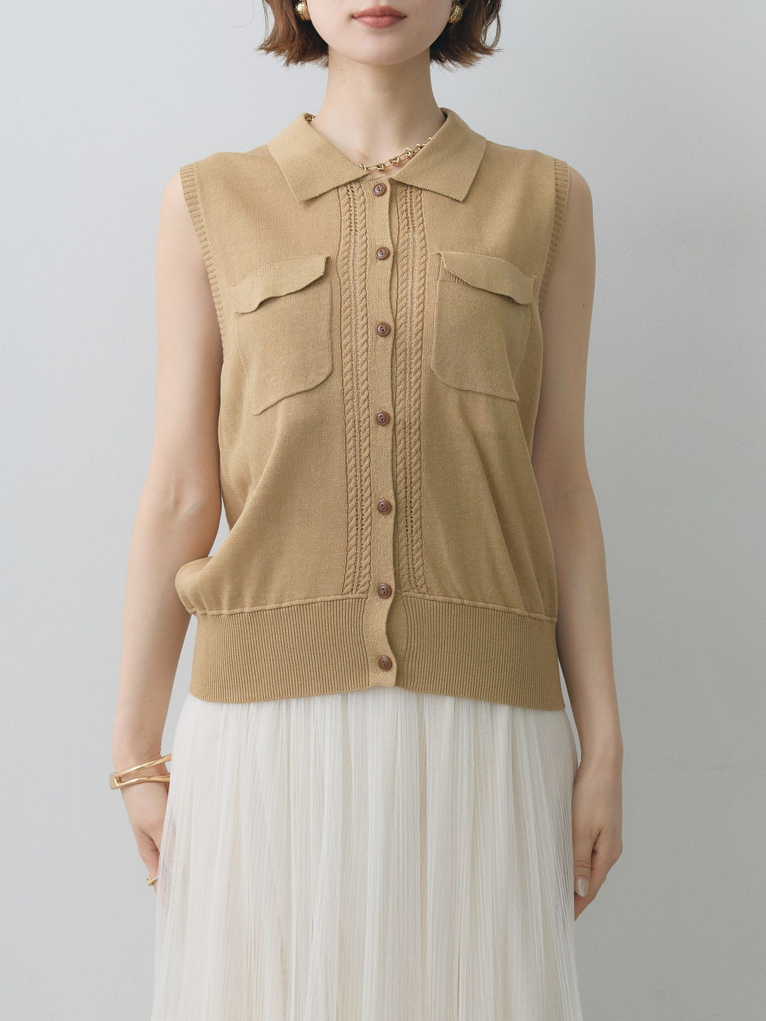 [予約]ダブルポケットポロニットトップス/beige