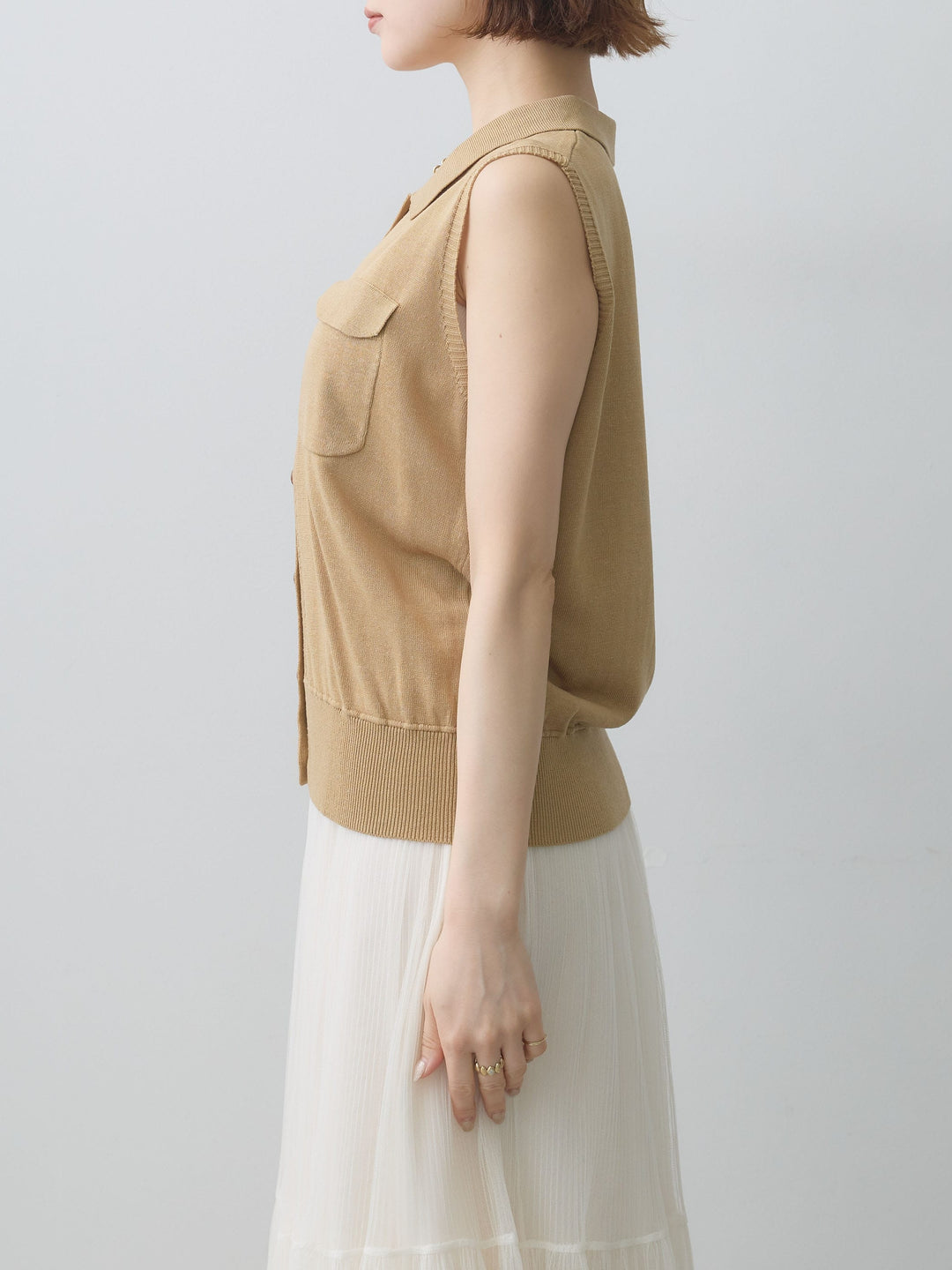 [予約]ダブルポケットポロニットトップス/beige