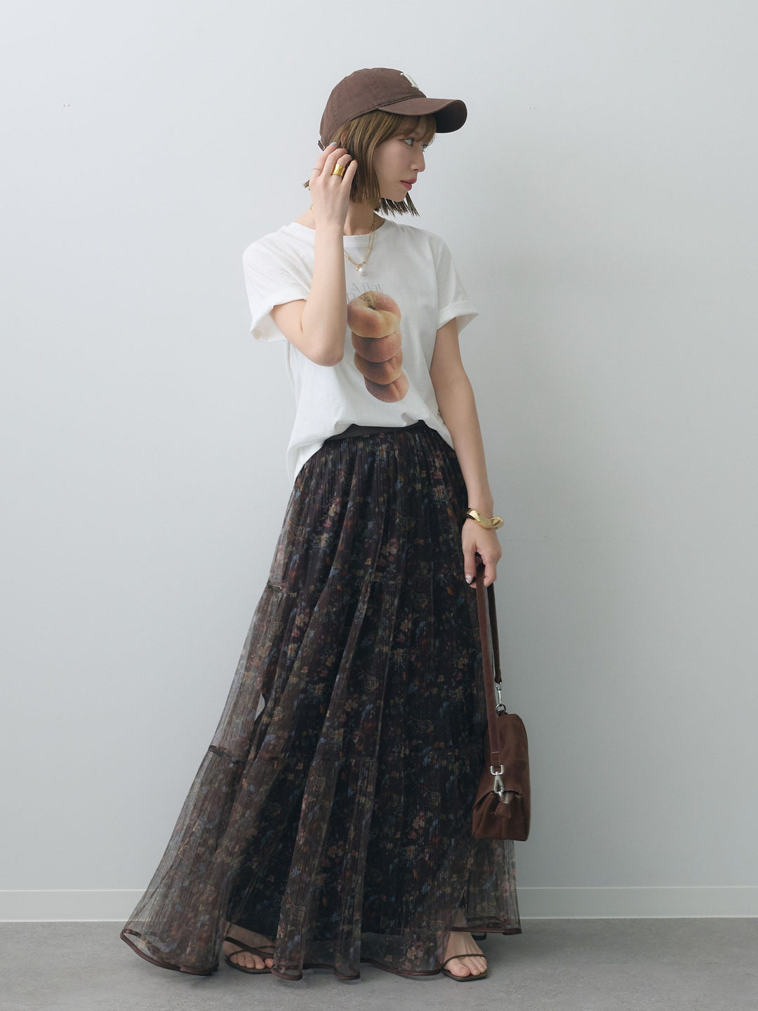 [SET]ピーチフォトTEE+フラワーチュールギャザースカート(2set)