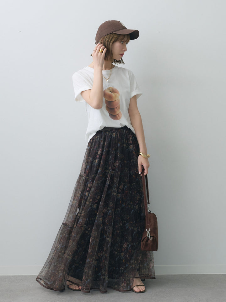 [SET]ピーチフォトTEE+フラワーチュールギャザースカート(2set)