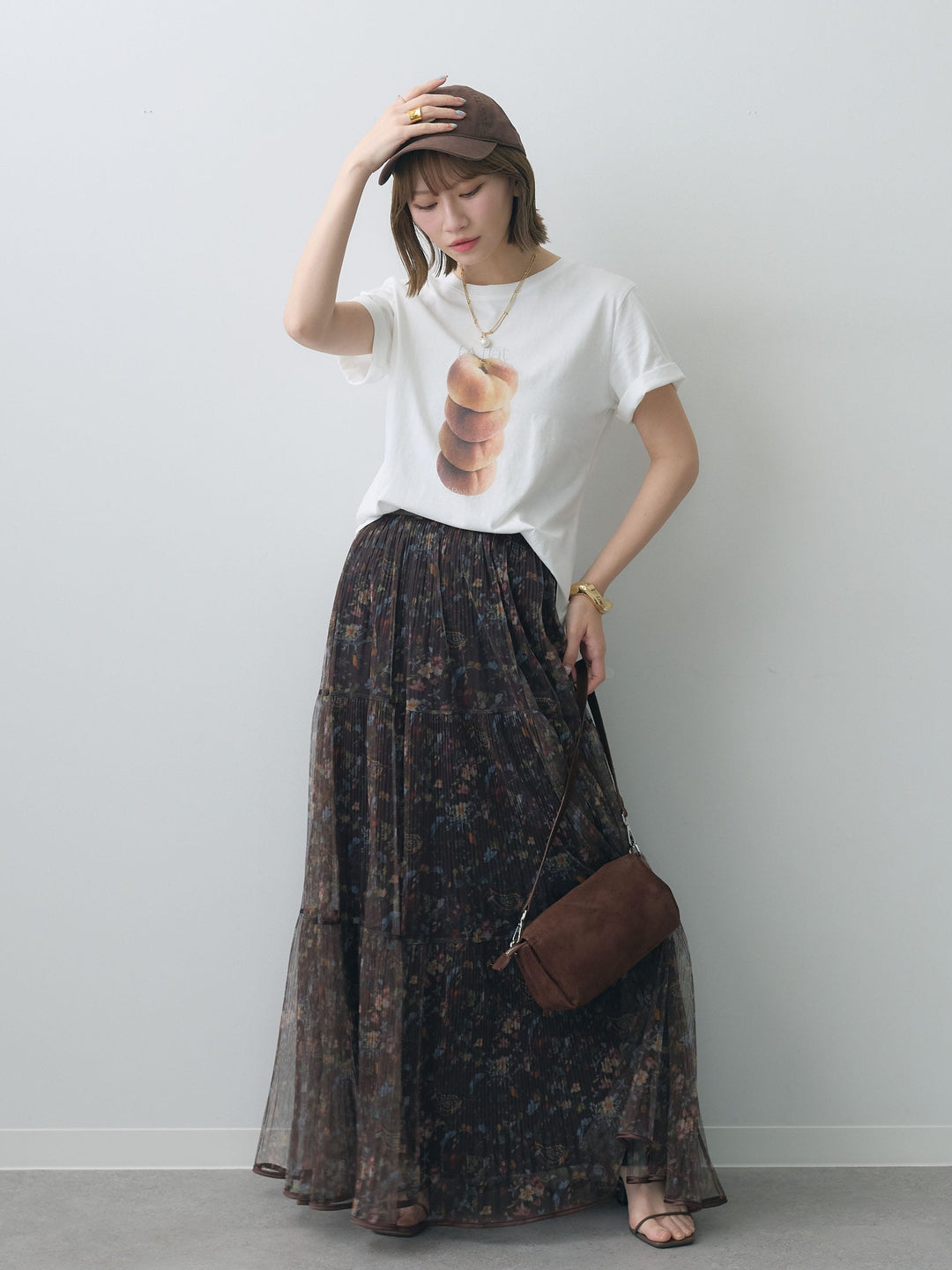 [SET]ピーチフォトTEE+フラワーチュールギャザースカート(2set)