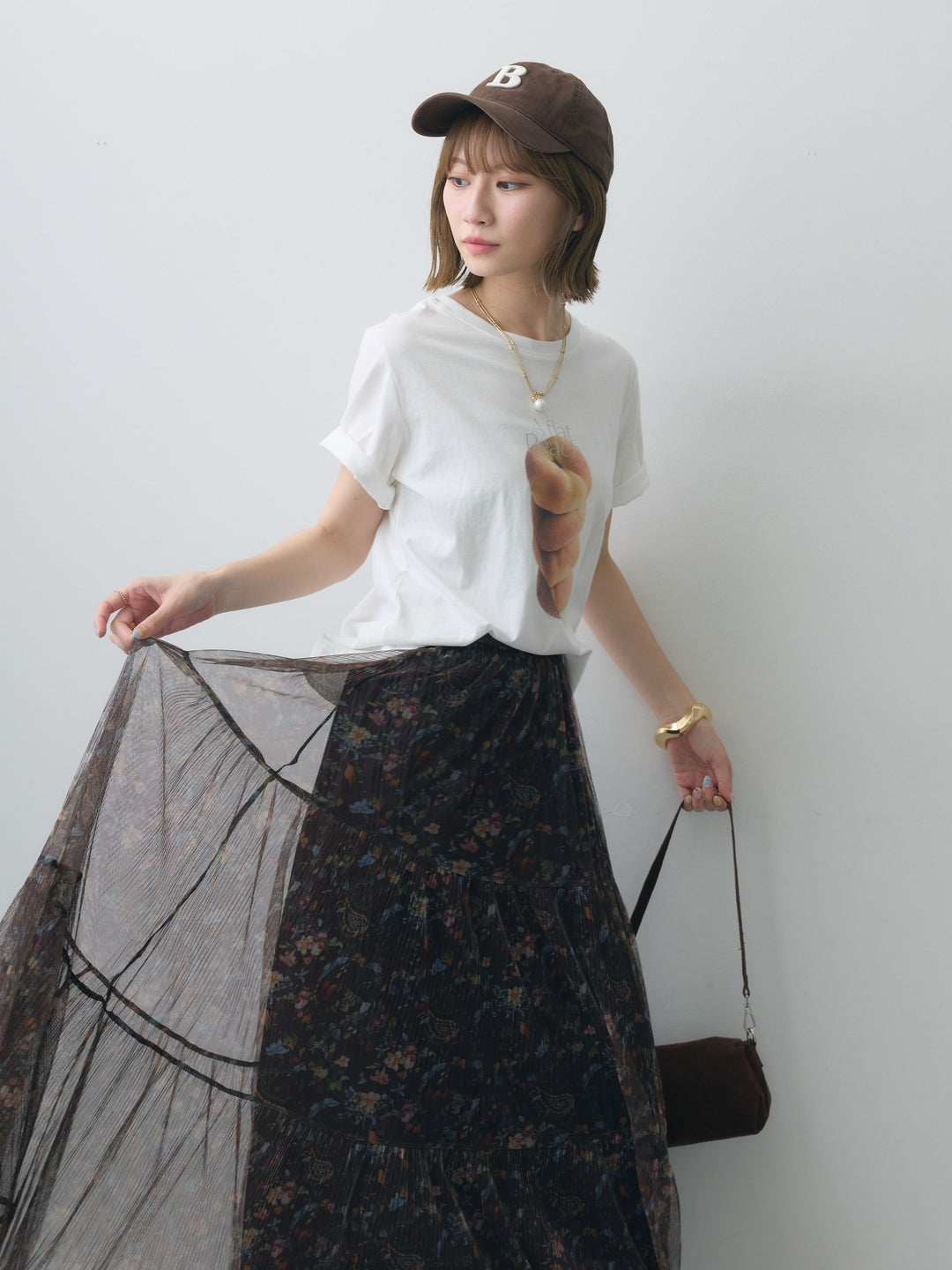 [SET]ピーチフォトTEE+フラワーチュールギャザースカート(2set)