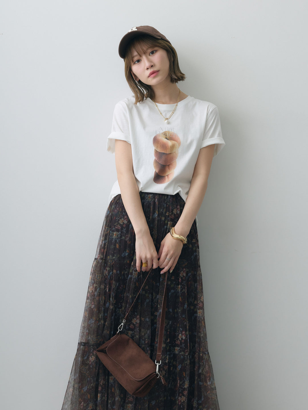 [SET]ピーチフォトTEE+フラワーチュールギャザースカート(2set)