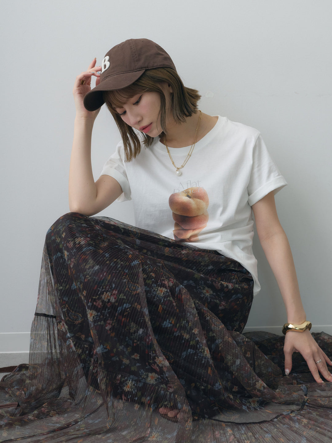 [SET]ピーチフォトTEE+フラワーチュールギャザースカート(2set)