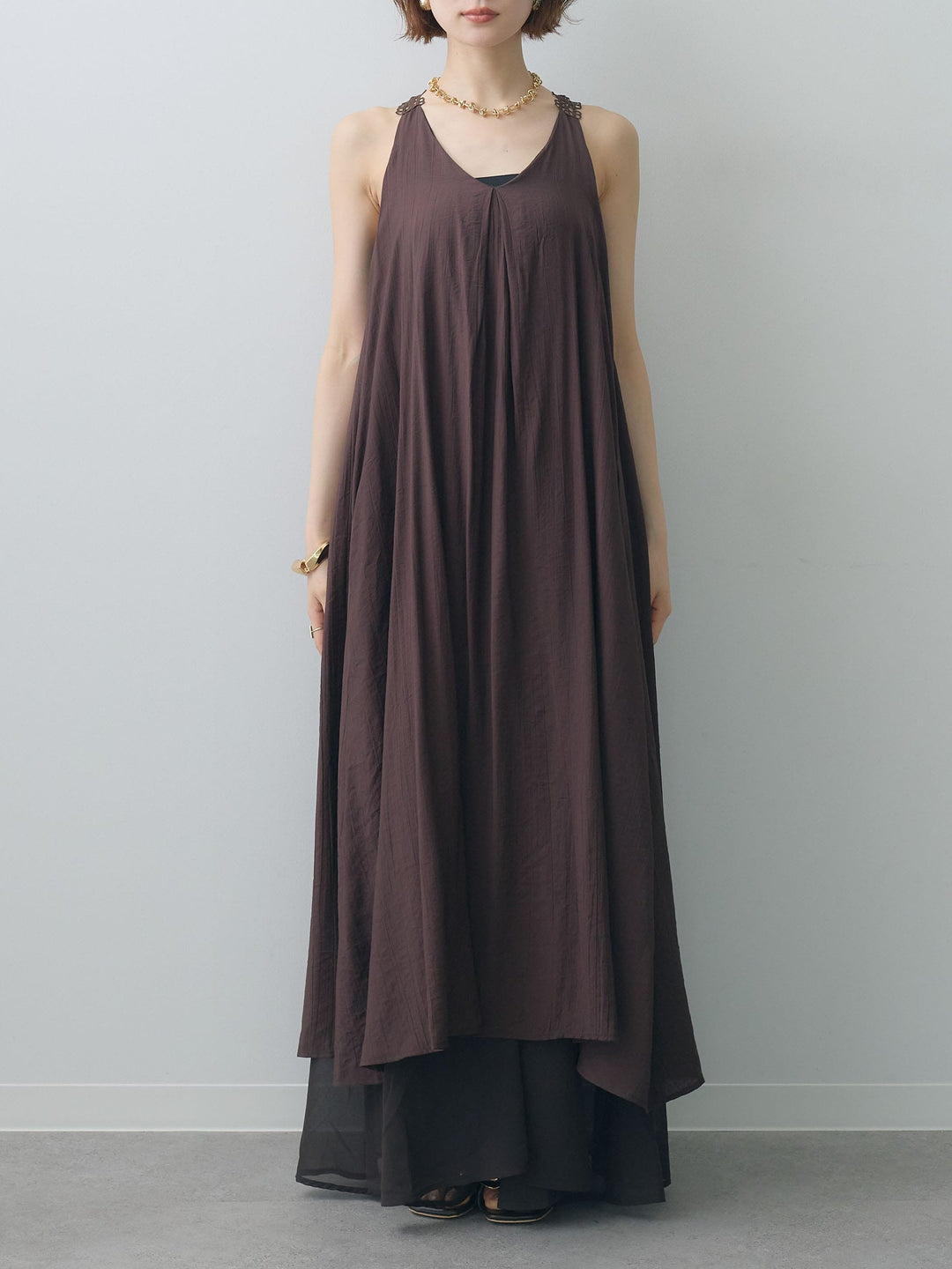 [予約]バックレースレイヤードノースリワンピース/brown