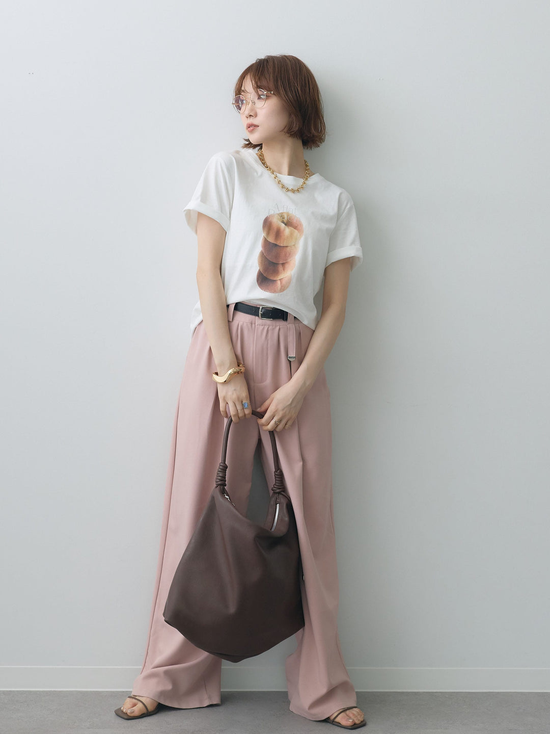 [SET]ピーチフォトTEE+ベルト付キーホルダーモチーフワイドパンツ(2set)