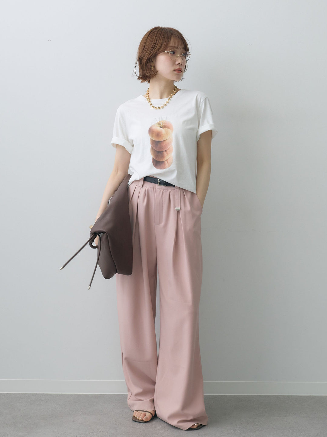 [SET]ピーチフォトTEE+ベルト付キーホルダーモチーフワイドパンツ(2set)
