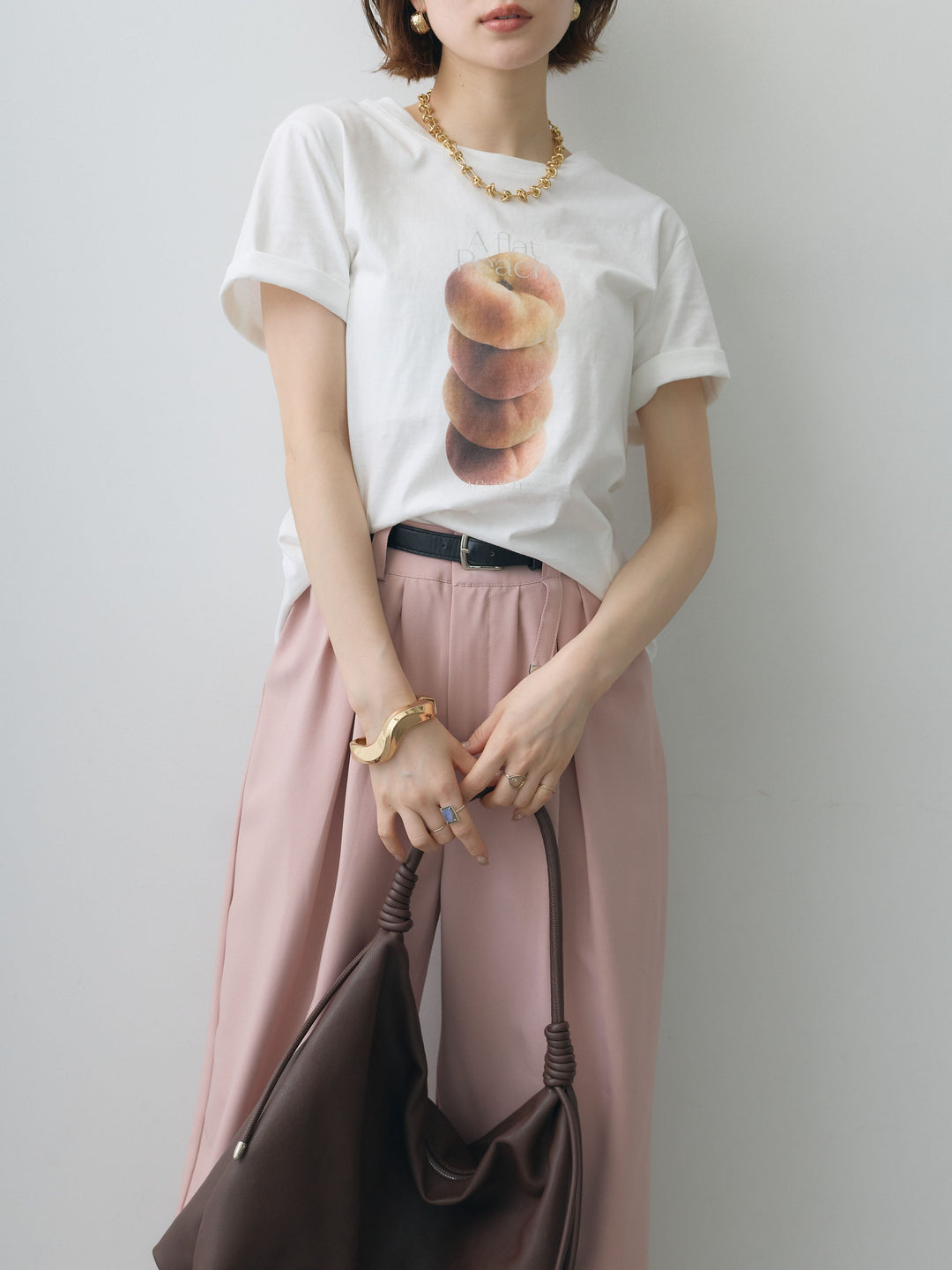[SET]ピーチフォトTEE+ベルト付キーホルダーモチーフワイドパンツ(2set)