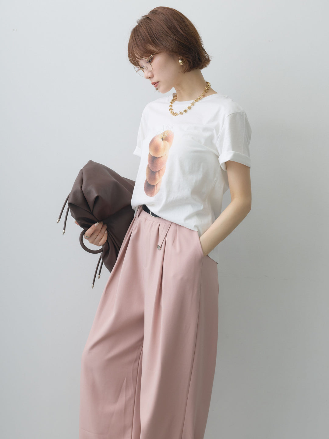 [SET]ピーチフォトTEE+ベルト付キーホルダーモチーフワイドパンツ(2set)