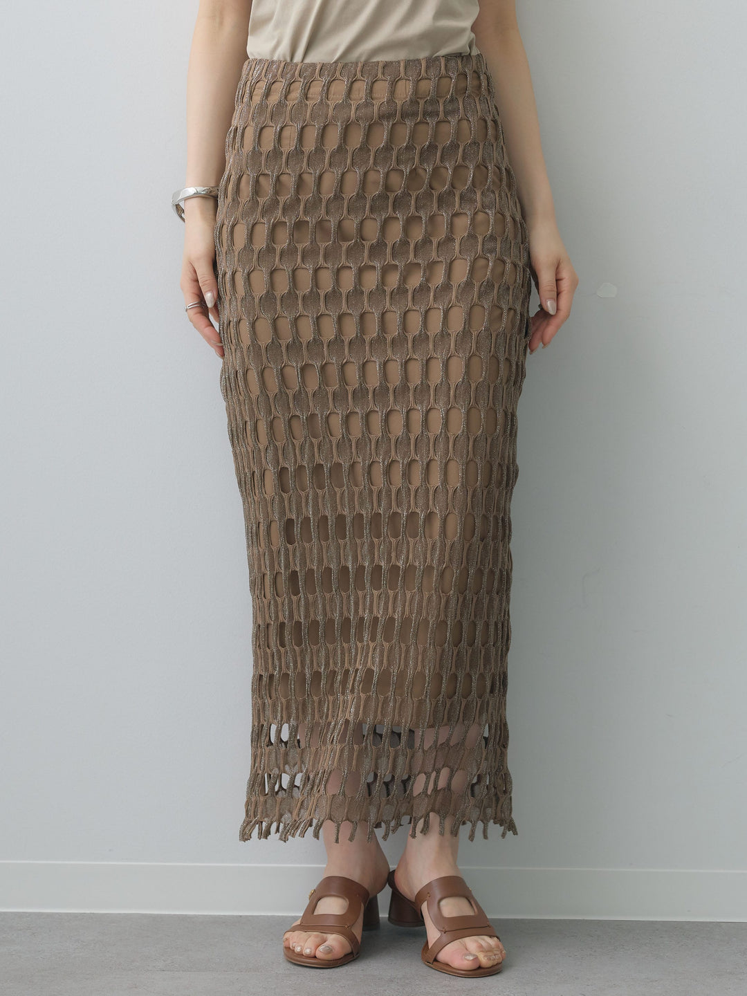 [予約]スクエアメッシュニットIラインスカート/brown