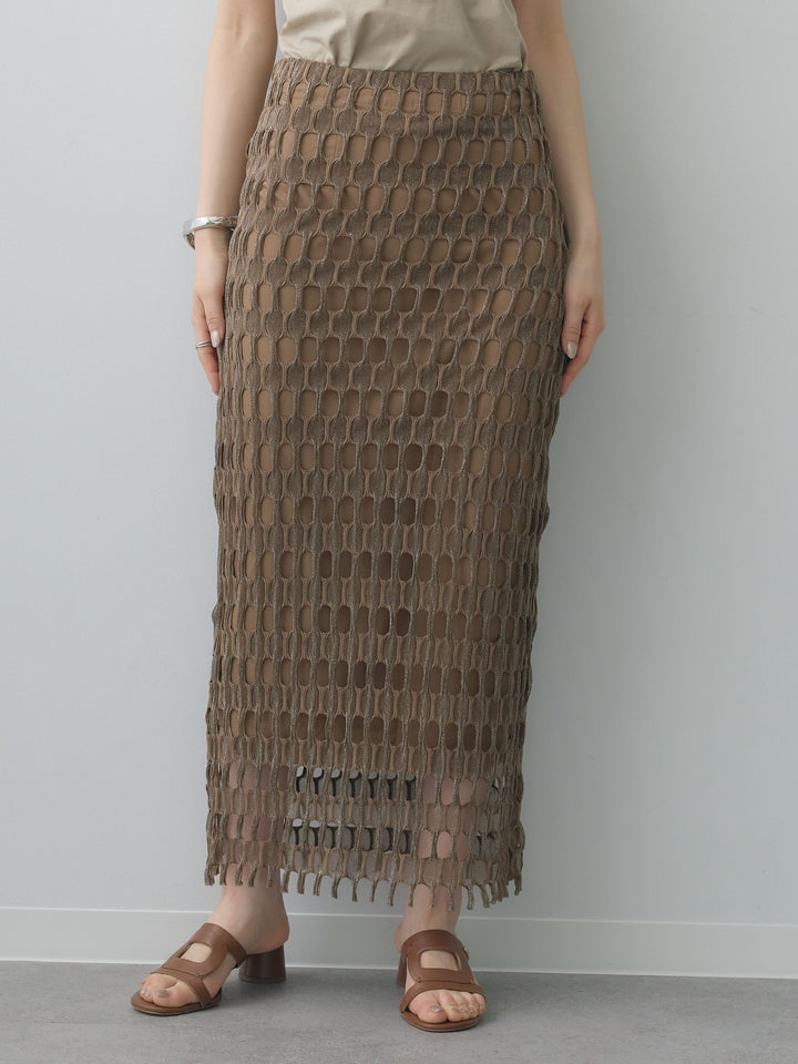 [予約]スクエアメッシュニットIラインスカート/brown