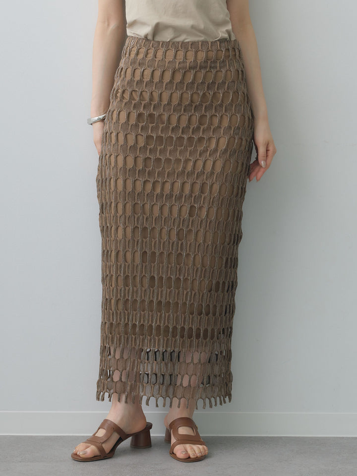 [予約]スクエアメッシュニットIラインスカート/brown