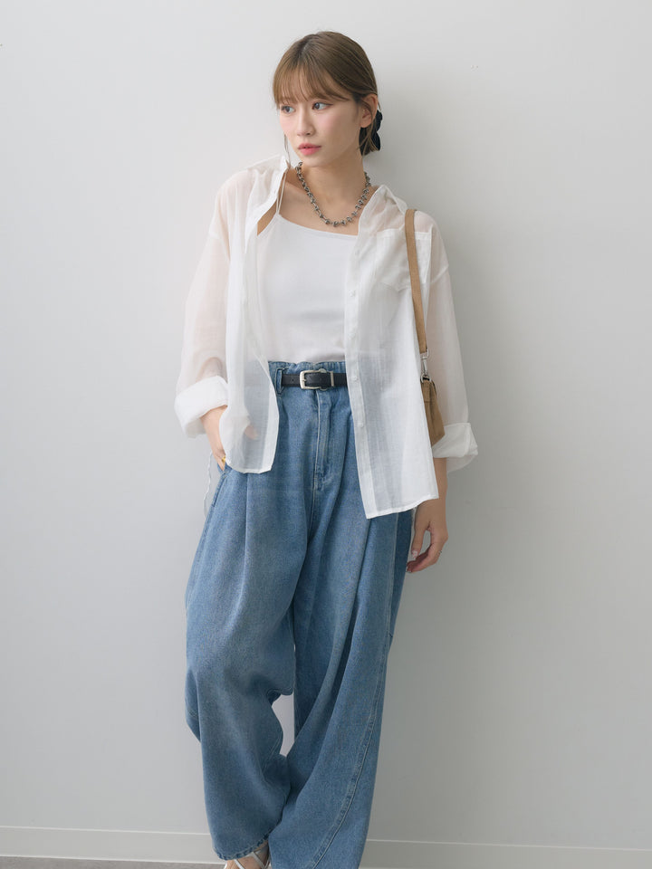 [SET]バックツイストシアーオーバーシャツ+カップ付きバッククロスキャミソール(2set)