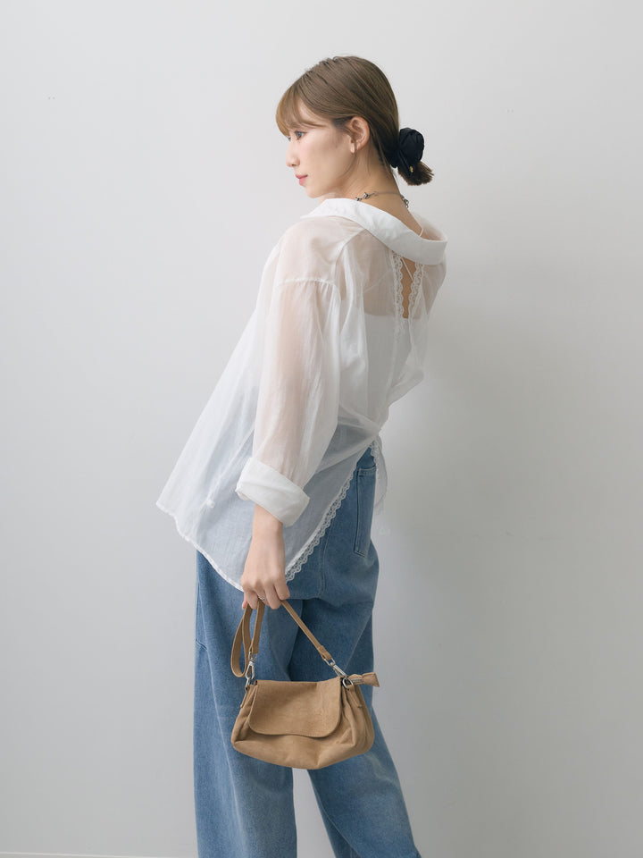 【套裝】後背扭結透視罩衫+後背交叉吊帶背心（內置胸罩）+高腰腰帶環設計牛仔褲（三件套）