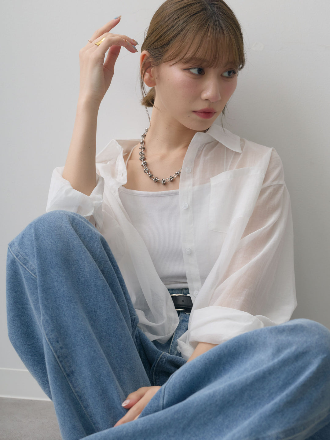 [SET]バックツイストシアーオーバーシャツ+カップ付きバッククロスキャミソール(2set)