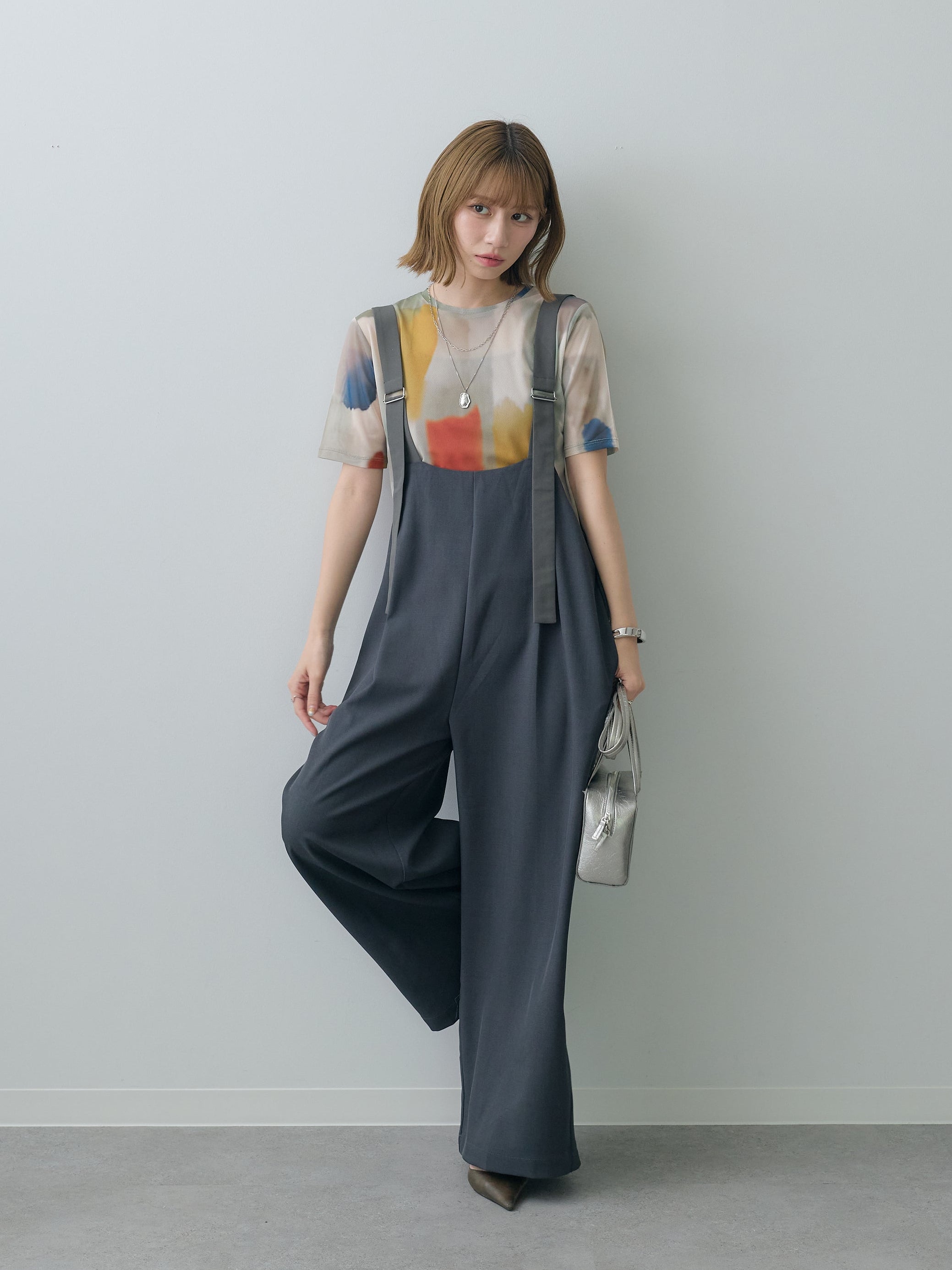 SET]水彩アートシアーTシャツ+前後2wayドレープワイドオールインワン
