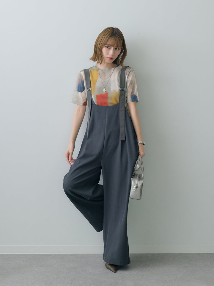 [SET]水彩アートシアーTシャツ+前後2wayドレープワイドオールインワン(2set)