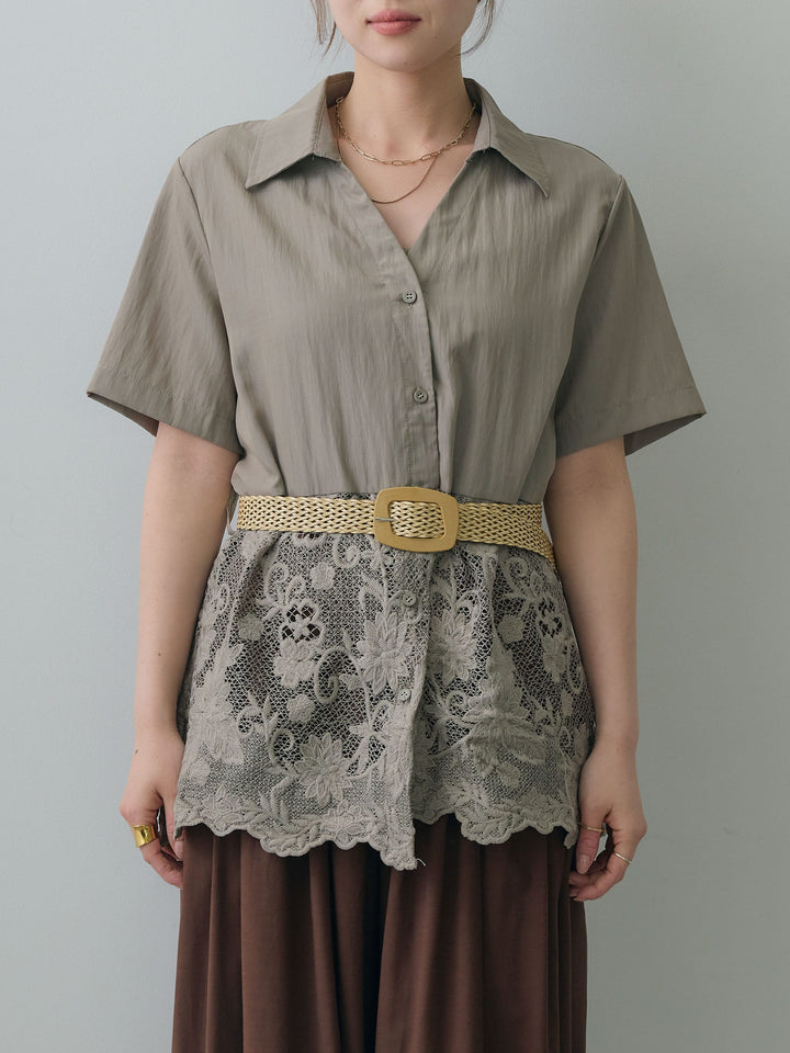 [予約]ベルト付レースドッキング半袖シャツブラウス/gray