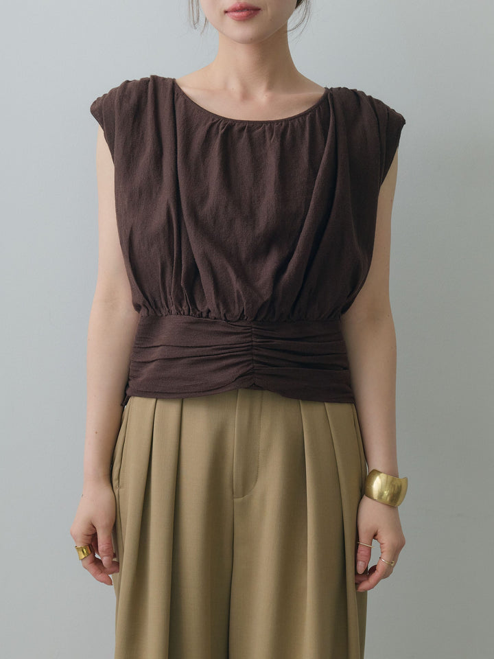 [予約]ギャザーノースリクロップニットトップス/brown