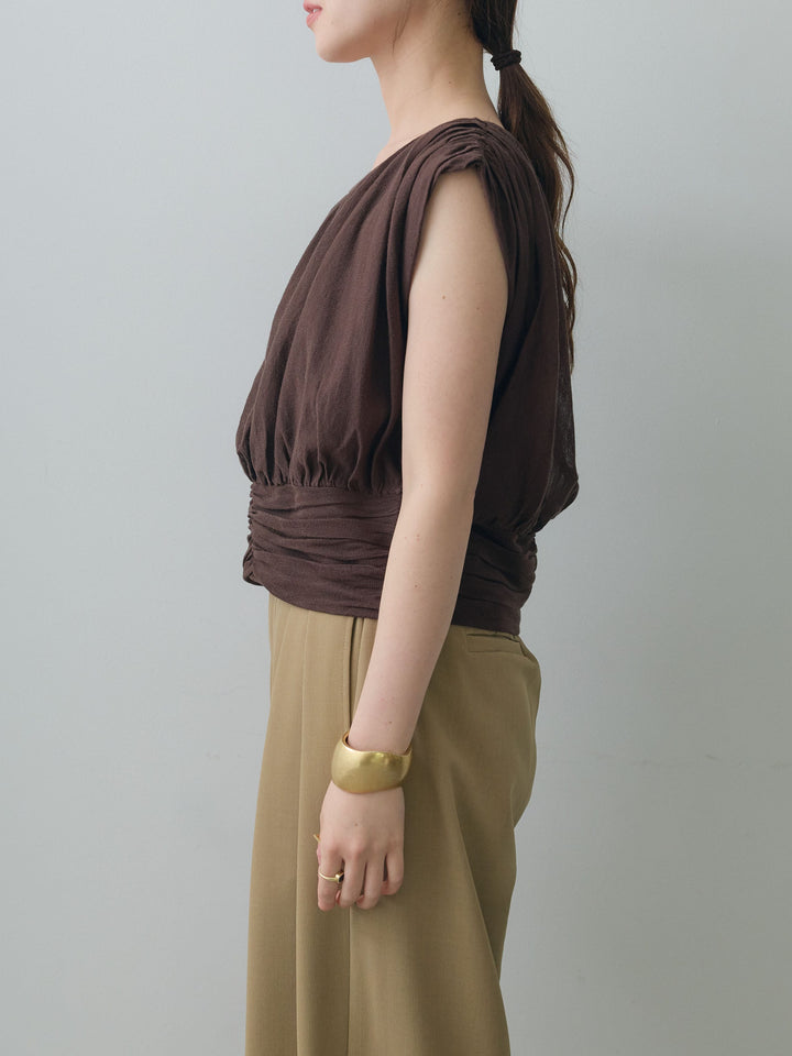 [予約]ギャザーノースリクロップニットトップス/brown