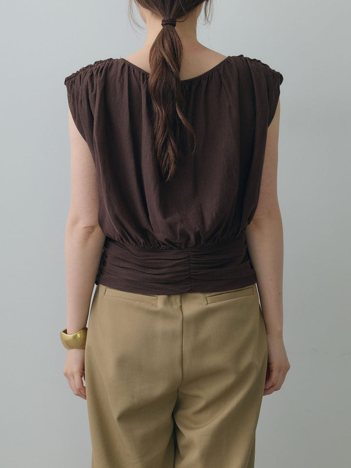 [予約]ギャザーノースリクロップニットトップス/brown