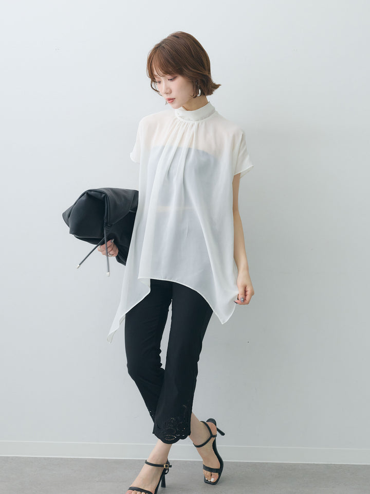 [予約]ストールデザインアシメドレープフレンチブラウス/white