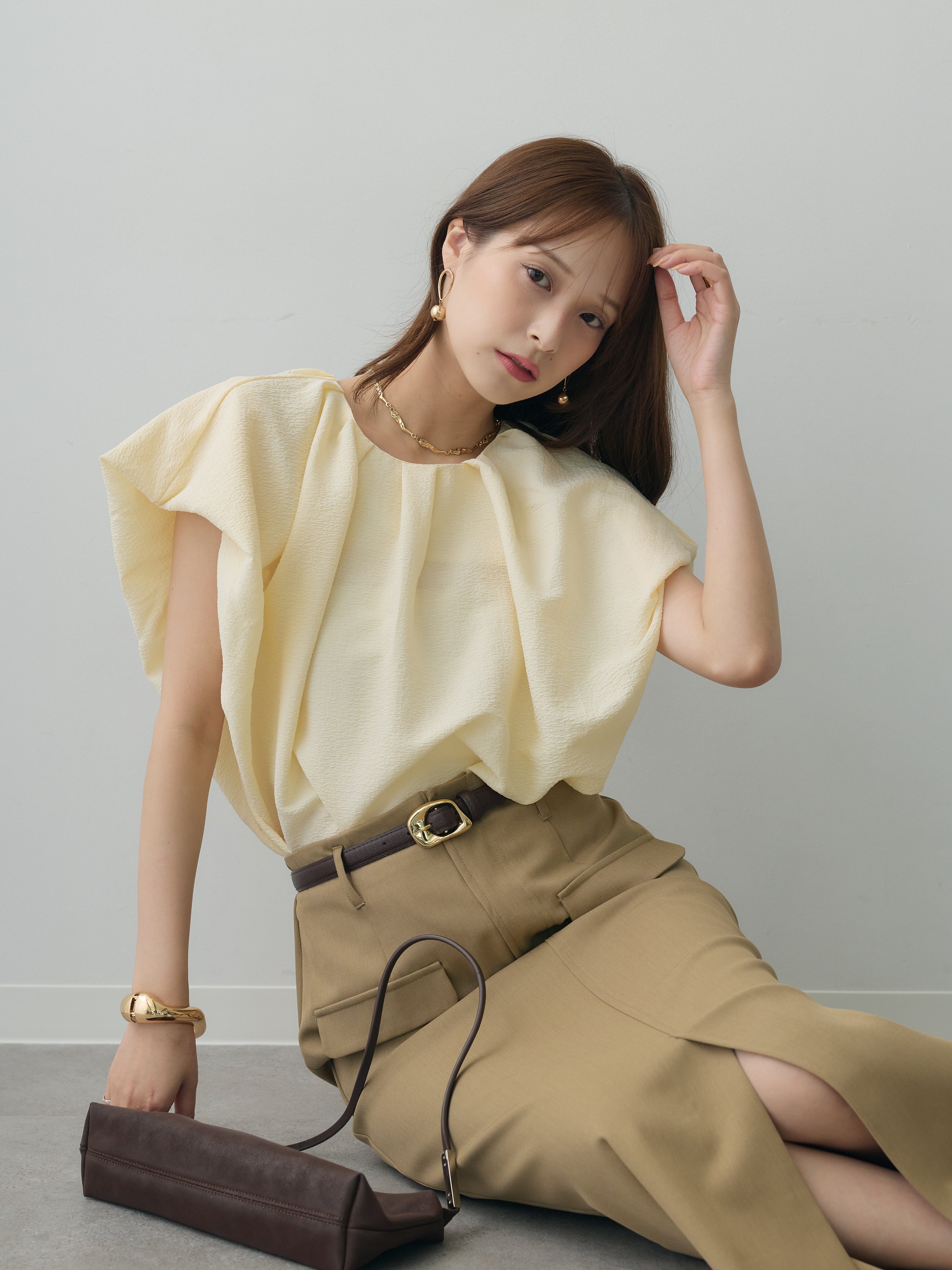 SET]フレンチタックバルーンブラウス+クレープデシンフラップ付き
