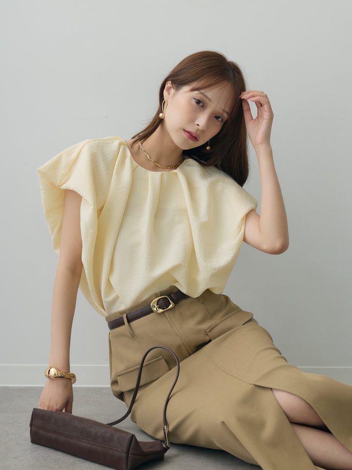[SET]フレンチタックバルーンブラウス+クレープデシンフラップ付きストレートスカート(2set)
