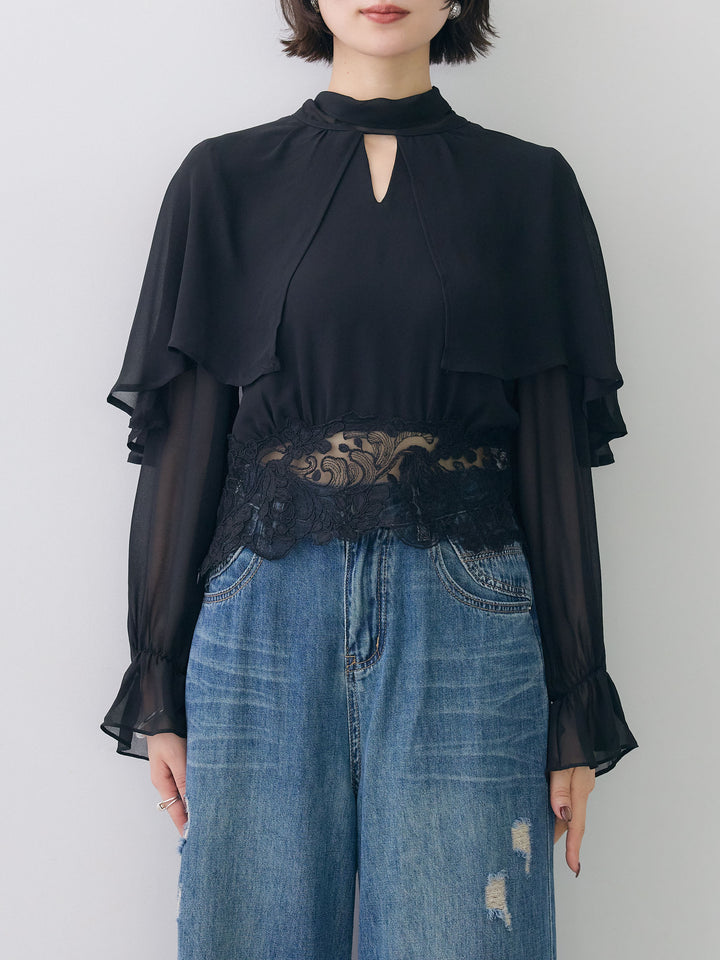 [予約]レースヘムケープデザインシアーブラウス/black