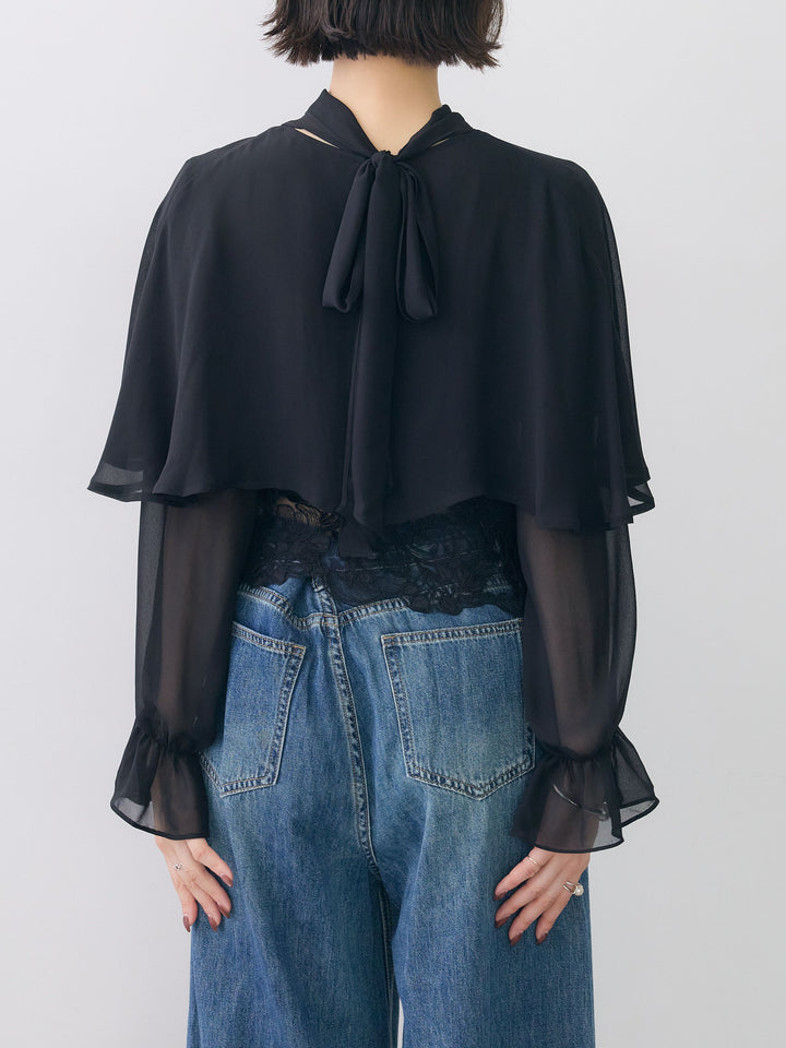 [予約]レースヘムケープデザインシアーブラウス/black