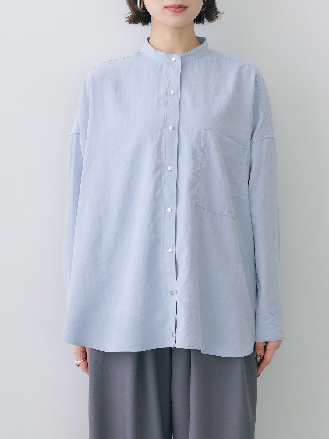 [予約]ピーチスウェードノーカラーオーバーシャツ/bluegray