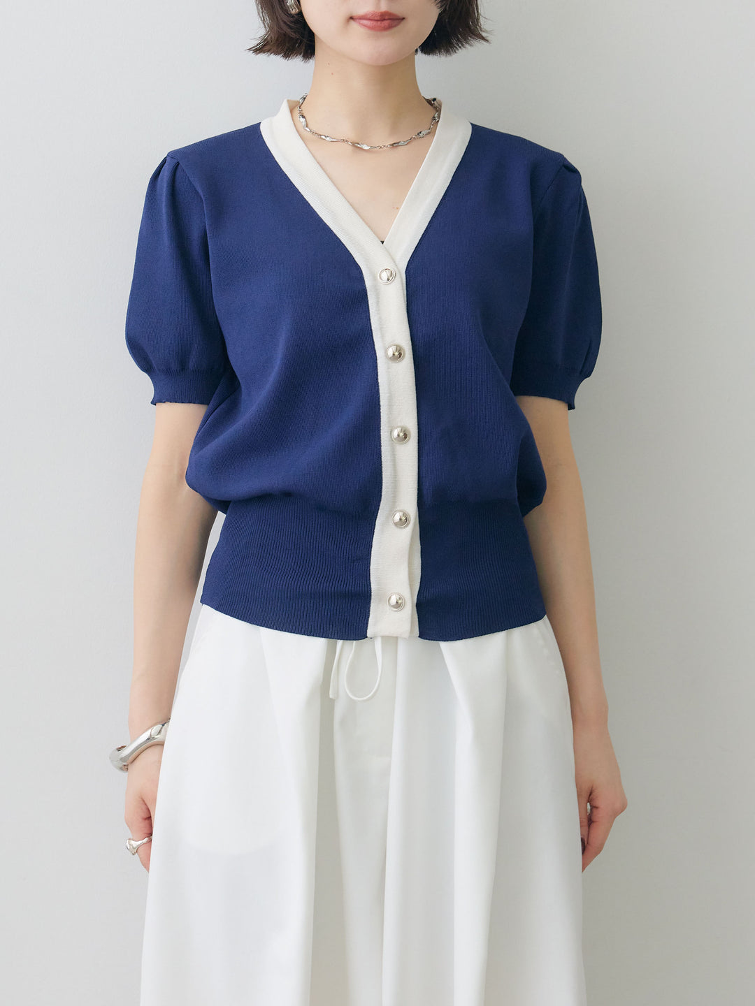 [予約]バイカラーパフスリーブカーディガン/navy