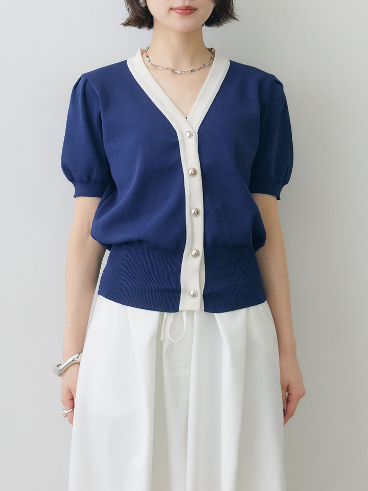 [予約]バイカラーパフスリーブカーディガン/navy