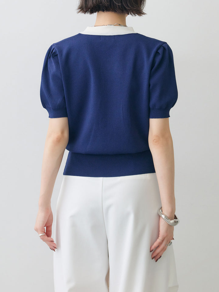 [予約]バイカラーパフスリーブカーディガン/navy