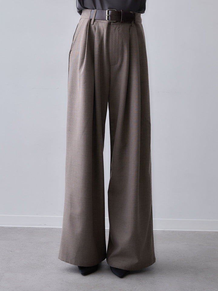 [予約]ベルトデザインツータックドレープワイドパンツ/brown