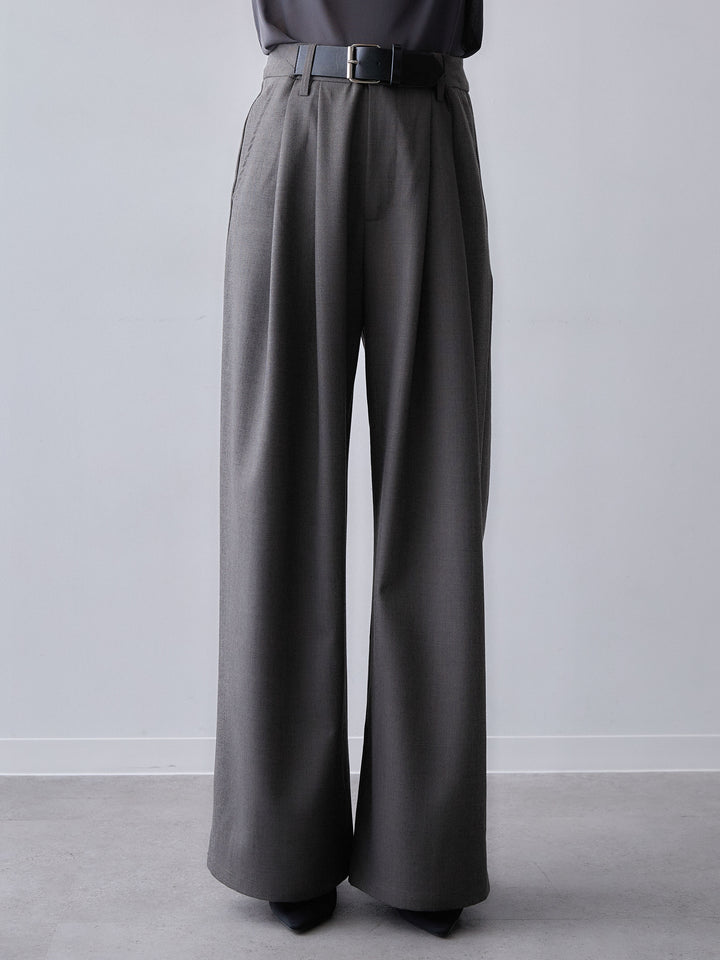 [予約]ベルトデザインツータックドレープワイドパンツ/gray