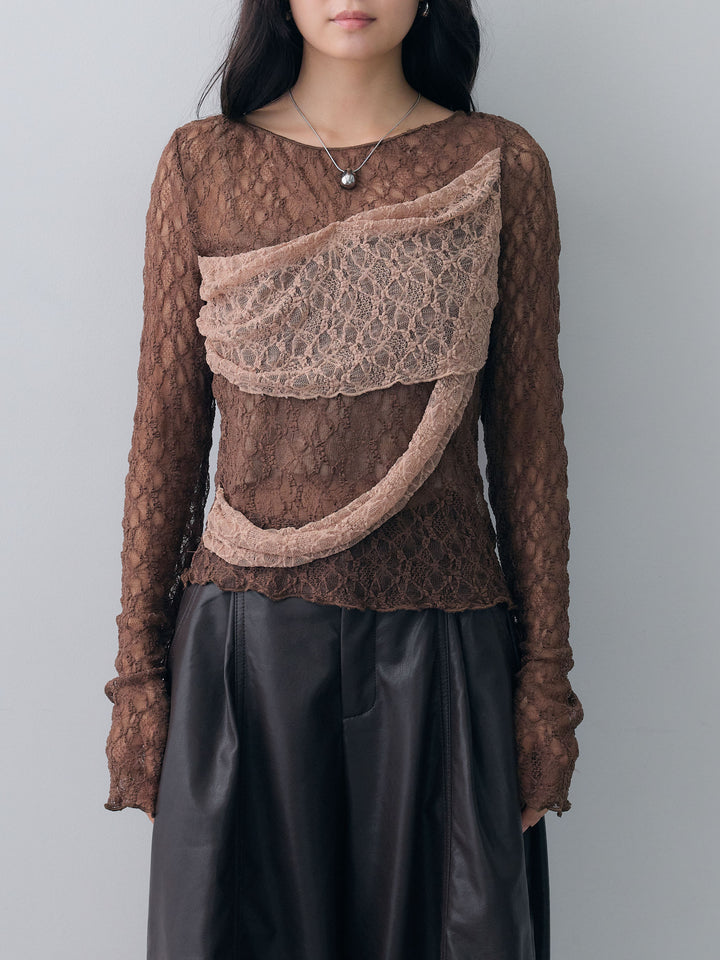 [予約]メッシュレースバイカラートップス/brown