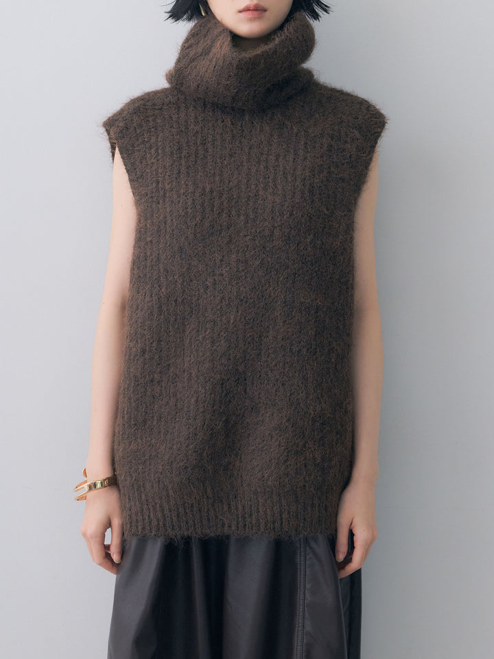 [予約]ハイネックシャギーオーバーニットベスト/brown