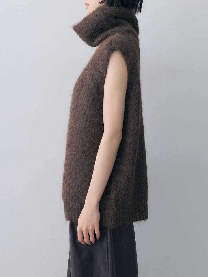 [予約]ハイネックシャギーオーバーニットベスト/brown
