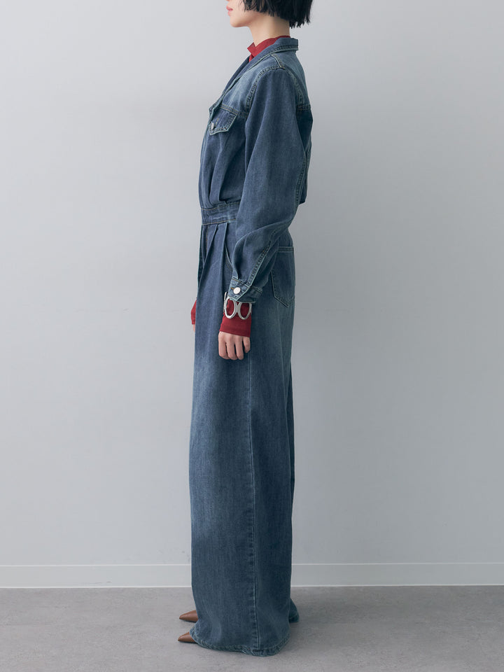 [予約]サイドベルトテイラードデニムジャンプスーツ/blue