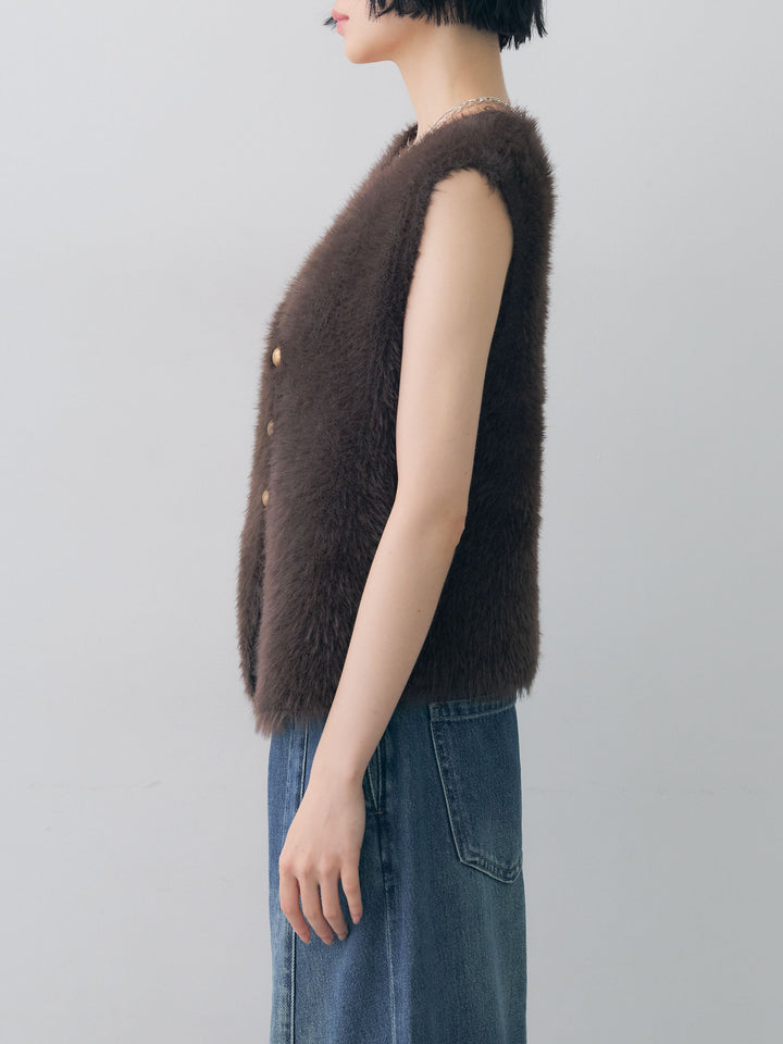 [予約]ゴールドボタンシャギーニットベスト/brown