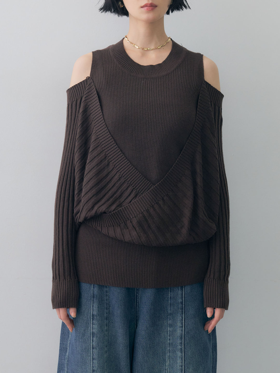 [予約]ショルダーオープンリブデザインニットトップス/brown