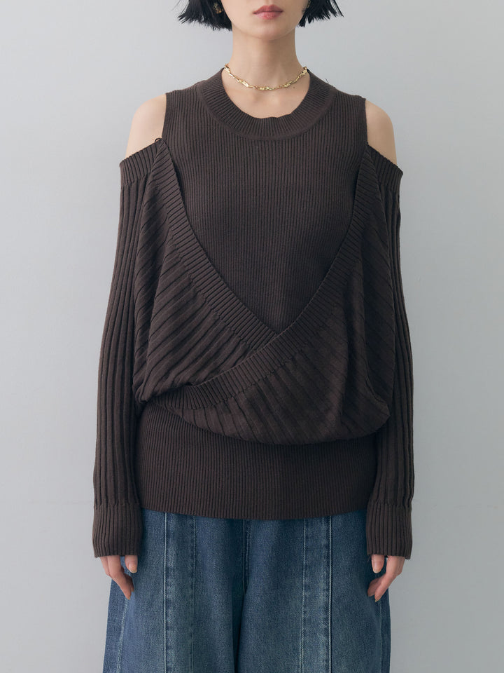 [予約]ショルダーオープンリブデザインニットトップス/brown